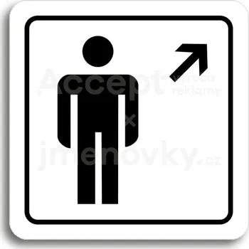 Značení Bílý piktogram "WC muži vpravo nahoru" s černým textem a rámečkem&nbsp;-