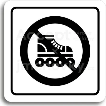 Informační tabulka Bílý piktogram "zákaz jízdy na kolečkových bruslích" s černým textem a rámečkem - 80 x 80 mm