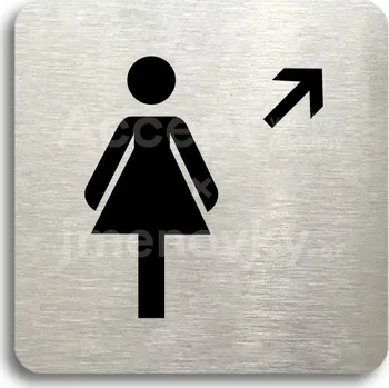 Informační tabulka Stříbrný piktogram "WC ženy vpravo nahoru" s černým textem bez rámečku - 80 x 80 mm