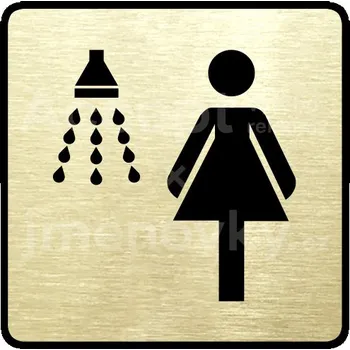Informační tabulka Zlatý piktogram "sprcha ženy" s černým textem a rámečkem - 80 x 80 mm