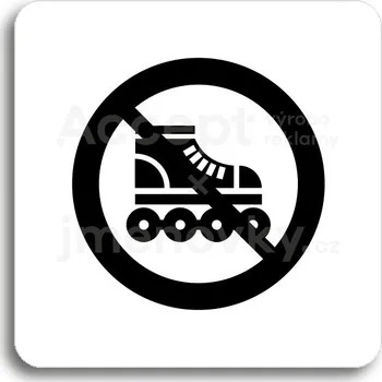 Informační tabulka Bílý piktogram "zákaz jízdy na kolečkových bruslích" s černým textem bez rámečku -