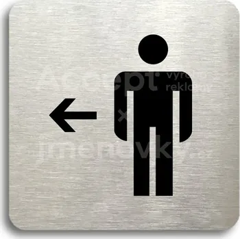 Informační tabulka Stříbrný piktogram "WC muži vlevo" s černým textem bez rámečku -