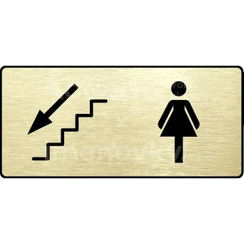 Informační tabulka Zlatý piktogram "WC ŽENY VLEVO DOLŮ" s černým&nbsp;textem a rámečkem&nbsp;-