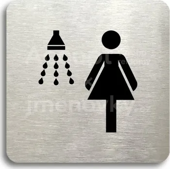 Informační tabulka Stříbrný piktogram "sprcha ženy" s černým&nbsp;textem bez rámečku -