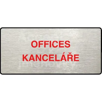 Informační tabulka Stříbrný&nbsp;piktogram "OFFICES - KANCELÁŘE" s červeným textem a rámečkem&nbsp;-