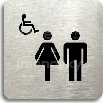 Informační tabulka Stříbrný piktogram "WC ženy, muži, invalidé II" s černým textem bez rámečku - 80 x 80 mm