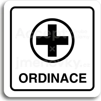 Informační tabulka Bílý piktogram "ordinace VI" s černým textem a rámečkem - 80 x 80 mm