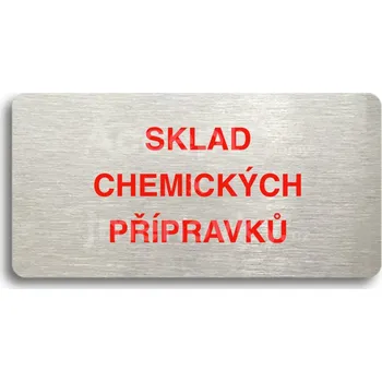 Značení Stříbrný&nbsp;piktogram "SKLAD CHEMICKÝCH PŘÍPRAVKŮ" s červeným textem bez rámečku&nbsp;-
