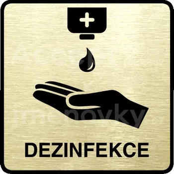 Informační tabulka Zlatý piktogram "dezinfekce IV" s černým textem a rámečkem -