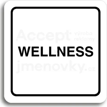 Informační tabulka Bílý piktogram "wellness" s černým textem a rámečkem&nbsp;-