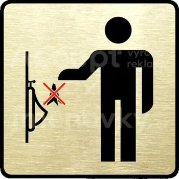 Informační tabulka Zlatý&nbsp;piktogram "zákaz vhazování předmětů do pisoáru" s červeným textem a rámečkem&nbsp;-