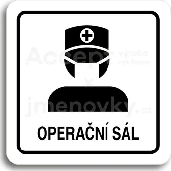 Informační tabulka Bílý piktogram "operační sál II" s černým textem a rámečkem -