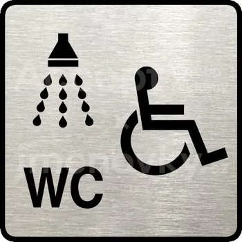 Informační tabulka Stříbrný piktogram "sprcha, WC invalidé" s černým textem a rámečkem -