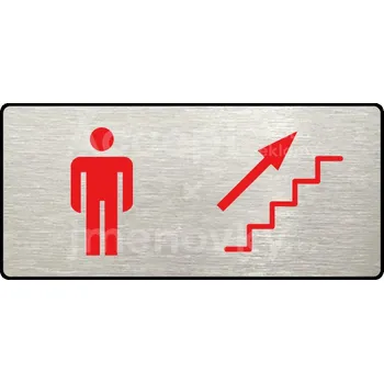 Informační tabulka Stříbrný&nbsp;piktogram "WC MUŽI VPRAVO NAHORU" s červeným textem a rámečkem&nbsp;-