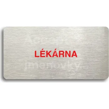 Informační tabulka Stříbrný&nbsp;piktogram "LÉKÁRNA" s červeným textem bez rámečku&nbsp;-