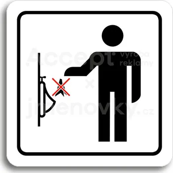 Informační tabulka Bílý piktogram "zákaz vhazování předmětů do pisoáru" s červeným textem a rámečkem&nbsp;-