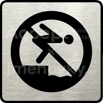 Informační tabulka Stříbrný piktogram "zákaz skákání do vody" s černým&nbsp;textem a rámečkem&nbsp;-