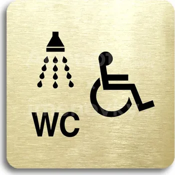 Informační tabulka Zlatý piktogram "sprcha, WC invalidé" s černým&nbsp;textem bez rámečku&nbsp;-