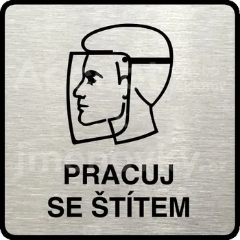 Informační tabulka Stříbrný piktogram "pracuj se štítem II" s černým&nbsp;textem a rámečkem&nbsp;-