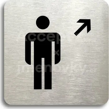 Informační tabulka Stříbrný piktogram "WC muži vpravo nahoru" s černým textem bez rámečku -