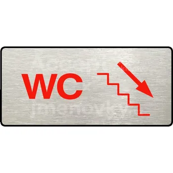 Značení Stříbrný&nbsp;piktogram "WC VPRAVO DOLŮ" s červeným textem a rámečkem&nbsp;-