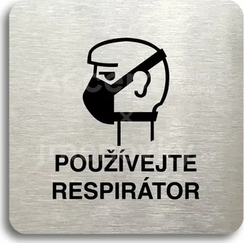 Informační tabulka Stříbrný piktogram "používejte respirátor II" s černým textem bez rámečku - 80 x 80 mm