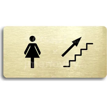 Informační tabulka Zlatý piktogram "WC ŽENY VPRAVO NAHORU" s černým textem bez rámečku -