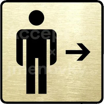 Informační tabulka Zlatý piktogram "WC muži vpravo" s černým textem a rámečkem -