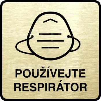 Informační tabulka Zlatý piktogram "používejte respirátor IV" s černým&nbsp;textem a rámečkem&nbsp;-