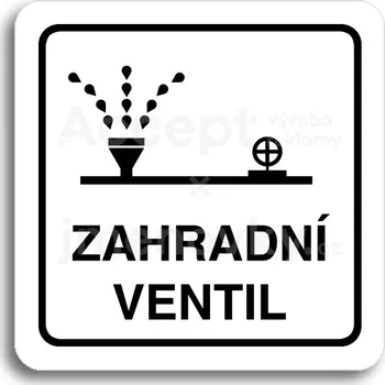 Informační tabulka Bílý piktogram "zahradní ventil" s černým textem a rámečkem - 80 x 80 mm