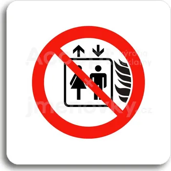 Informační tabulka Bílý piktogram "tento výtah neslouží k evakuaci osob" s červeným textem bez rámečku - 80 x 80 mm