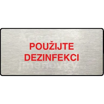Informační tabulka Stříbrný&nbsp;piktogram "POUŽIJTE DEZINFEKCI" s červeným textem a rámečkem&nbsp;-