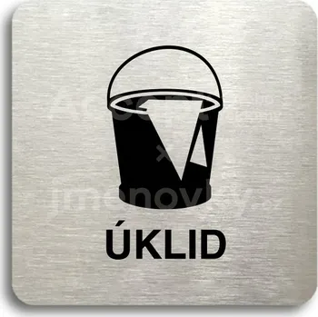 Informační tabulka Stříbrný piktogram "úklid" s černým textem bez rámečku - 80 x 80 mm