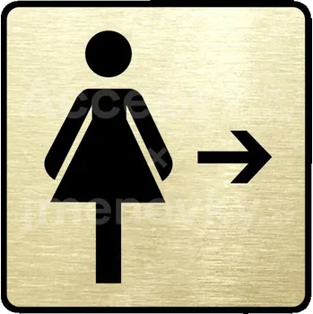 Informační tabulka Zlatý piktogram "WC ženy vpravo" s černým&nbsp;textem a rámečkem&nbsp;-
