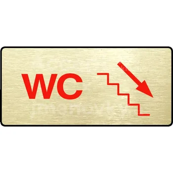 Informační tabulka Zlatý&nbsp;piktogram "WC VPRAVO DOLŮ" s červeným textem a rámečkem&nbsp;-