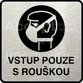 Informační tabulka Stříbrný piktogram "vstup pouze s rouškou" s černým&nbsp;textem a rámečkem&nbsp;-