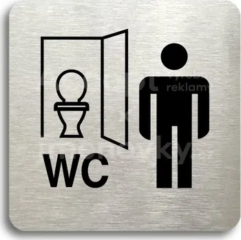 Značení Stříbrný piktogram "WC muži kabinka" s černým&nbsp;textem bez rámečku -