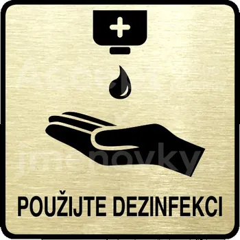 Informační tabulka Zlatý piktogram "použijte dezinfekci IV" s černým textem a rámečkem -