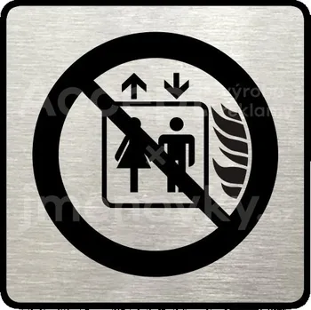 Značení Stříbrný piktogram "tento výtah neslouží k evakuaci osob" s černým textem a rámečkem -