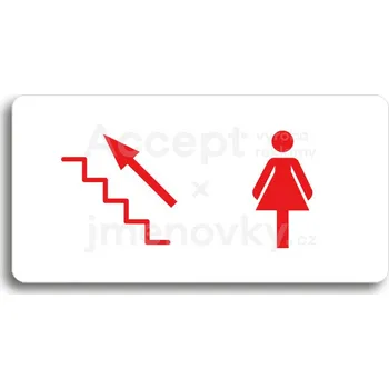Informační tabulka Bílý piktogram "WC ŽENY VLEVO NAHORU" s červeným textem bez rámečku&nbsp;-