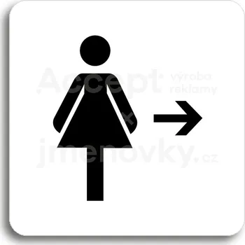 Informační tabulka Bílý piktogram "WC ženy vpravo" s černým textem bez rámečku -