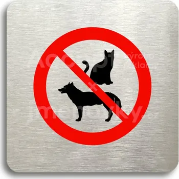 Informační tabulka Stříbrný&nbsp;piktogram "zákaz vstupu se zvířaty" s červeným textem bez rámečku&nbsp;-