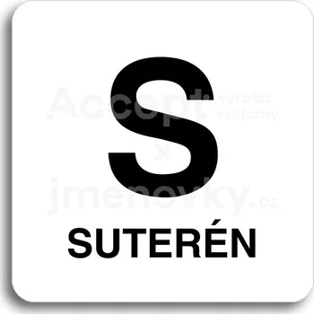 Informační tabulka Bílý piktogram "S suterén" s černým textem bez rámečku - 80 x 80 mm