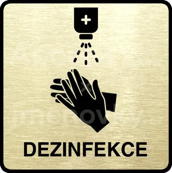Informační tabulka Zlatý piktogram "dezinfekce" s černým textem a rámečkem -