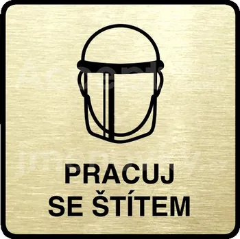 Informační tabulka Zlatý piktogram "pracuj se štítem V" s černým textem a rámečkem -