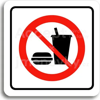 Informační tabulka Bílý piktogram "zákaz vstupu s občerstvením" s červeným textem a rámečkem&nbsp;-