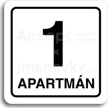 Značení Bílý piktogram "1 apartmán" s černým textem a rámečkem -