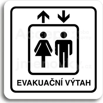 Informační tabulka Bílý piktogram "evakuační výtah" s černým textem a rámečkem&nbsp;-