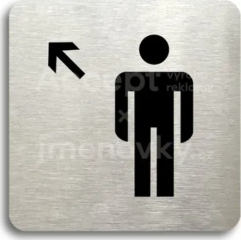 Informační tabulka Stříbrný piktogram "WC muži vlevo nahoru" s černým textem bez rámečku -