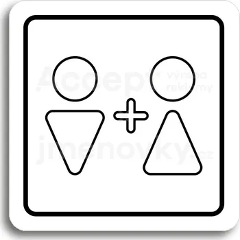 Informační tabulka Bílý piktogram "WC muži, ženy VI" s černým textem a rámečkem -